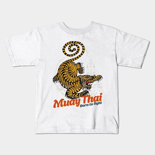 Vintage Muay Thai Tiger Tattoo Kids T-Shirt by KewaleeTee